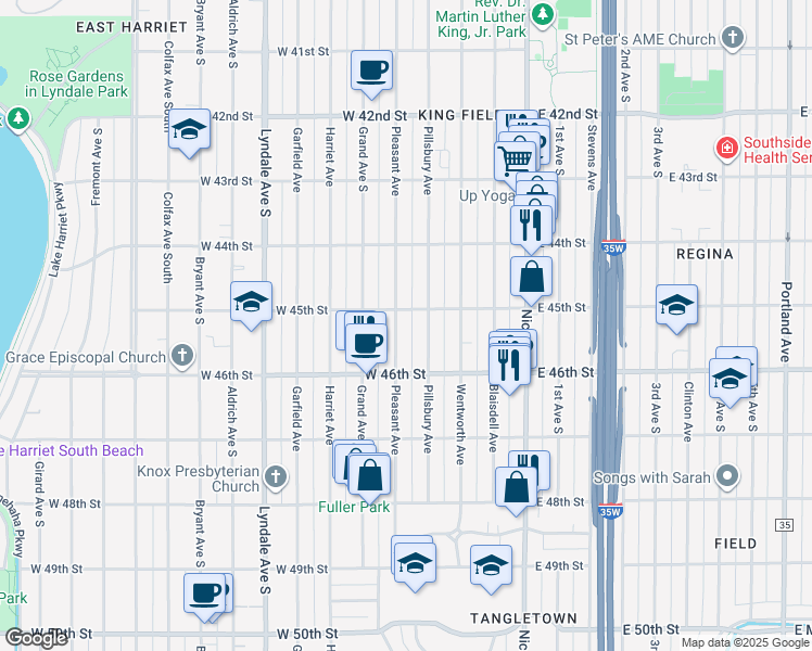 map of restaurants, bars, coffee shops, grocery stores, and more near 4528 Pillsbury Avenue in Minneapolis