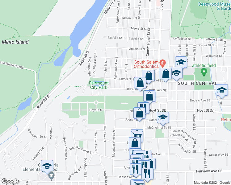 map of restaurants, bars, coffee shops, grocery stores, and more near 396 Rural Avenue South in Salem