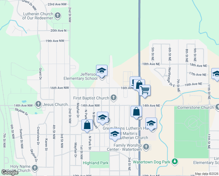 map of restaurants, bars, coffee shops, grocery stores, and more near 1599 N Maple in Watertown