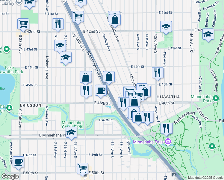 map of restaurants, bars, coffee shops, grocery stores, and more near 4527 Hiawatha Avenue in Minneapolis