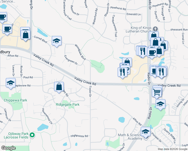 map of restaurants, bars, coffee shops, grocery stores, and more near 8100-8368 Valley Creek Road in Woodbury