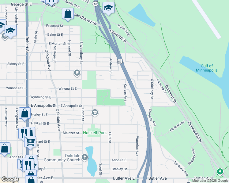 map of restaurants, bars, coffee shops, grocery stores, and more near 395 Wyoming Street East in Saint Paul