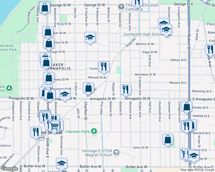 map of restaurants, bars, coffee shops, grocery stores, and more near 854 Allen Avenue in Saint Paul