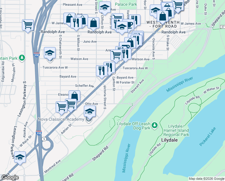 map of restaurants, bars, coffee shops, grocery stores, and more near 686 South Canton Street in Saint Paul