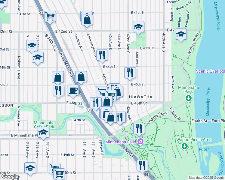 map of restaurants, bars, coffee shops, grocery stores, and more near in Minneapolis