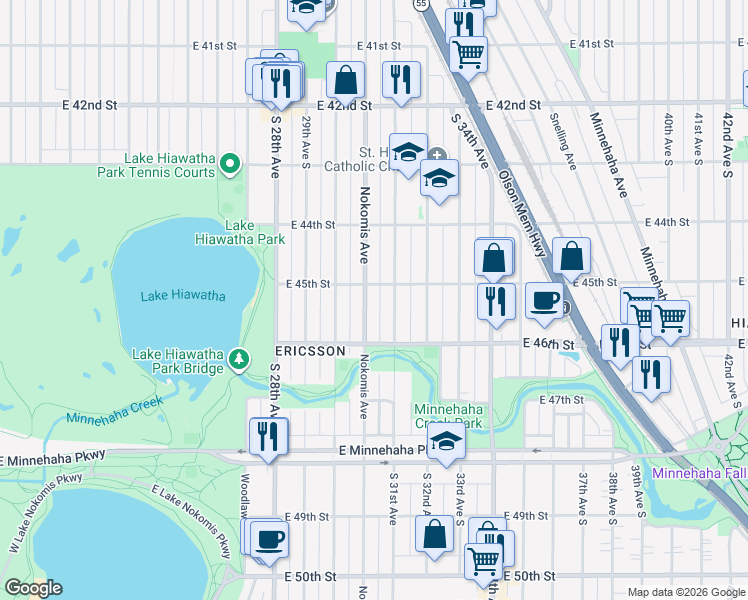 map of restaurants, bars, coffee shops, grocery stores, and more near 4533 Nokomis Avenue in Minneapolis