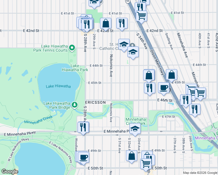map of restaurants, bars, coffee shops, grocery stores, and more near 4533 Nokomis Avenue in Minneapolis