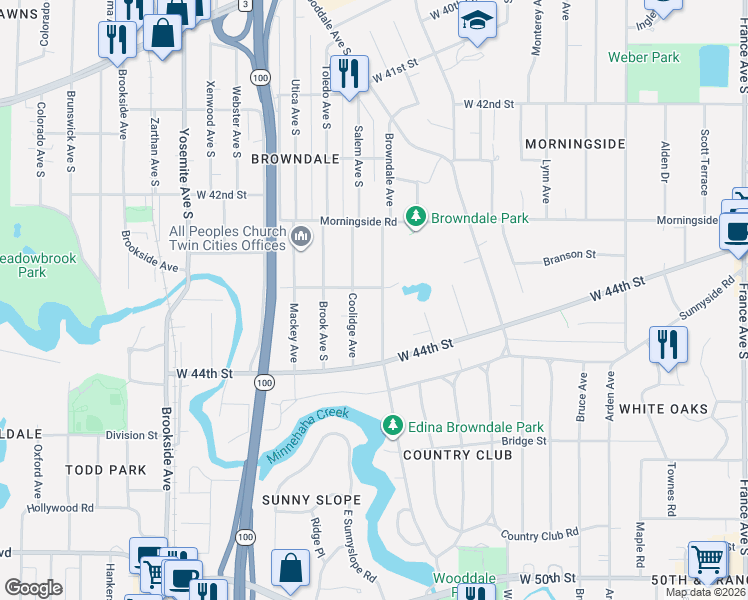 map of restaurants, bars, coffee shops, grocery stores, and more near 4362 Browndale Avenue in St. Louis Park