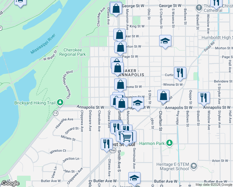 map of restaurants, bars, coffee shops, grocery stores, and more near 849 Smith Avenue South in Saint Paul