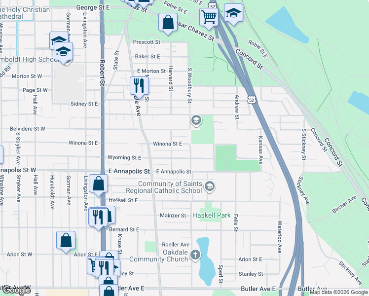 map of restaurants, bars, coffee shops, grocery stores, and more near 285 Wyoming Street East in Saint Paul