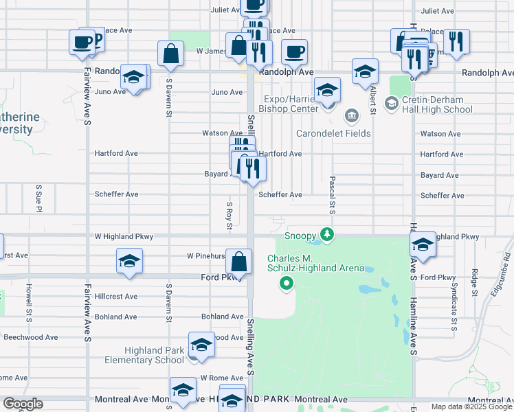 map of restaurants, bars, coffee shops, grocery stores, and more near 678 Snelling Avenue South in Saint Paul