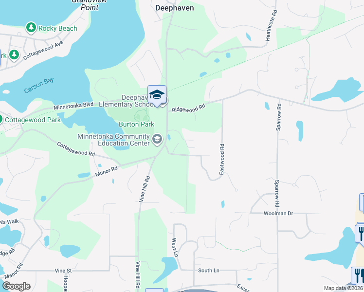 map of restaurants, bars, coffee shops, grocery stores, and more near 18995 Eastwood Drive in Excelsior