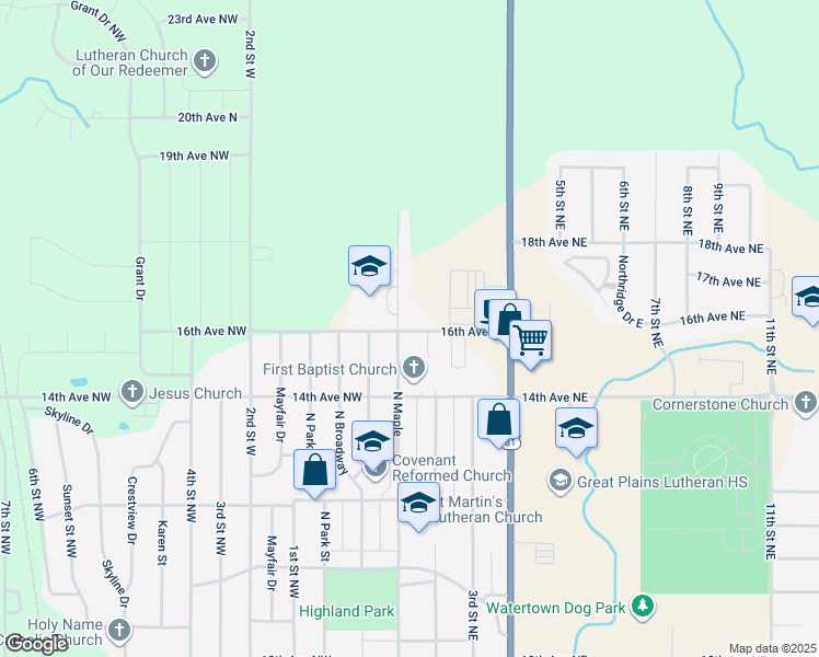 map of restaurants, bars, coffee shops, grocery stores, and more near 236 16th Avenue North in Watertown
