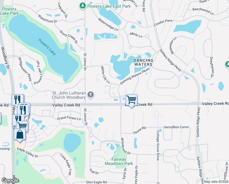 map of restaurants, bars, coffee shops, grocery stores, and more near 10758 Falling Water Lane in Woodbury