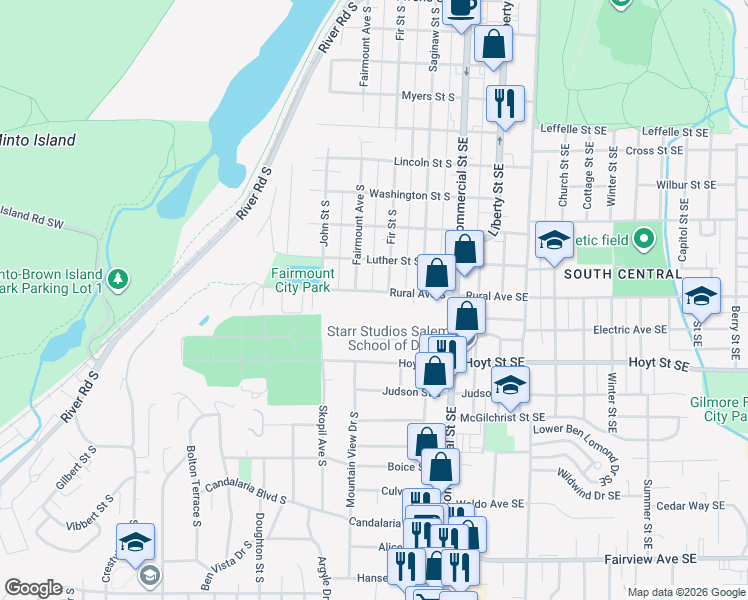 map of restaurants, bars, coffee shops, grocery stores, and more near 340 Rural Avenue South in Salem