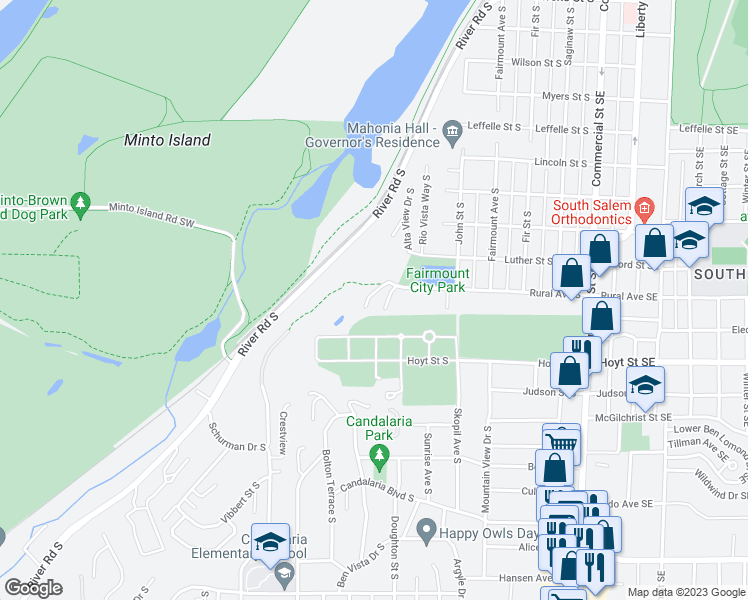 map of restaurants, bars, coffee shops, grocery stores, and more near 688 Rural Avenue South in Salem