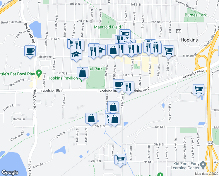 map of restaurants, bars, coffee shops, grocery stores, and more near in Hopkins