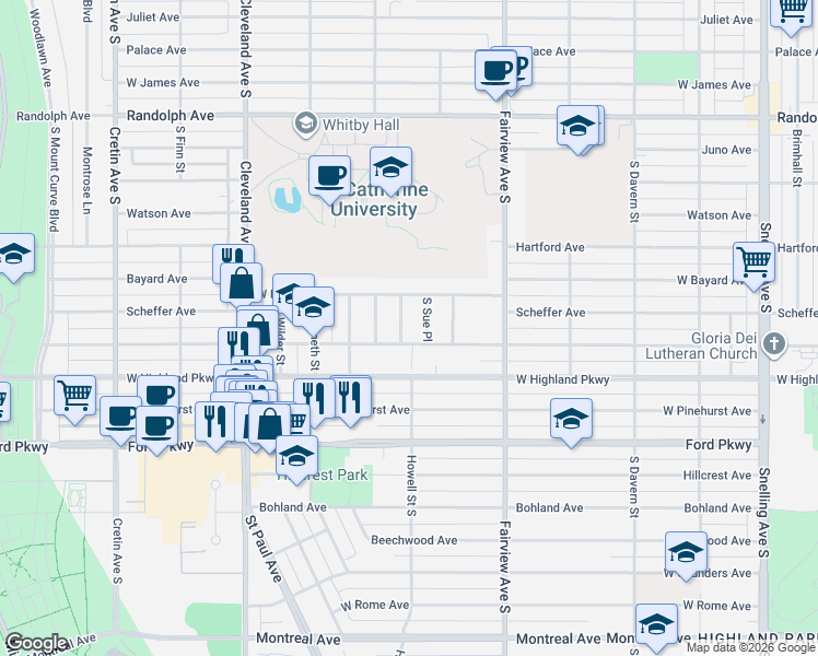 map of restaurants, bars, coffee shops, grocery stores, and more near 1916 Eleanor Avenue in Saint Paul
