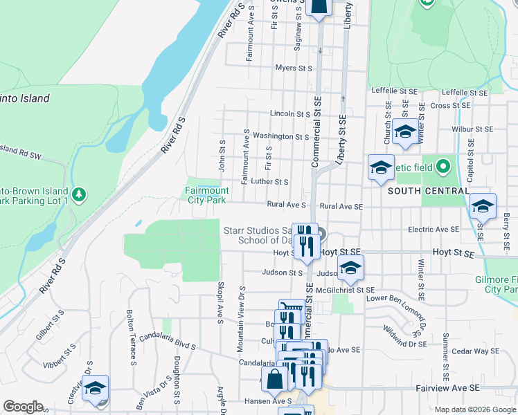 map of restaurants, bars, coffee shops, grocery stores, and more near 340 Rural Avenue South in Salem