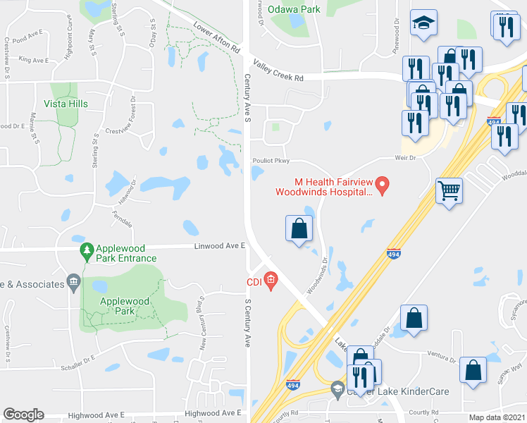 map of restaurants, bars, coffee shops, grocery stores, and more near 1901 Century Avenue South in Saint Paul