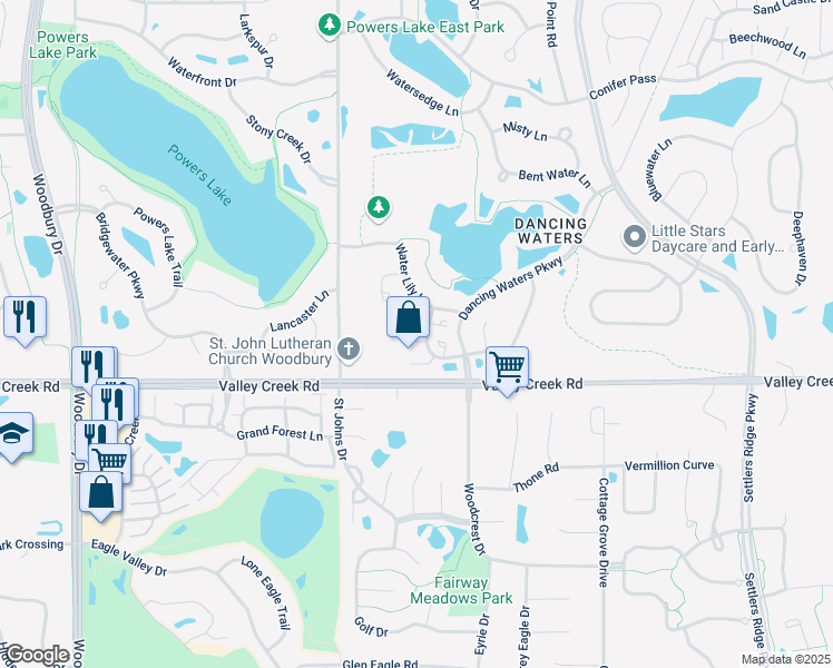 map of restaurants, bars, coffee shops, grocery stores, and more near 10753 Falling Water Lane in Woodbury