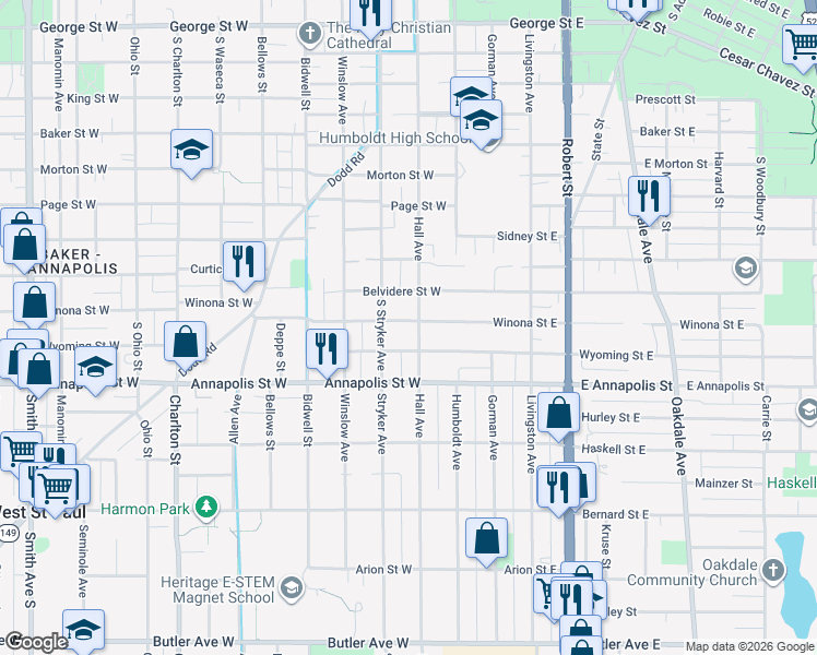 map of restaurants, bars, coffee shops, grocery stores, and more near 853 Hall Avenue in Saint Paul