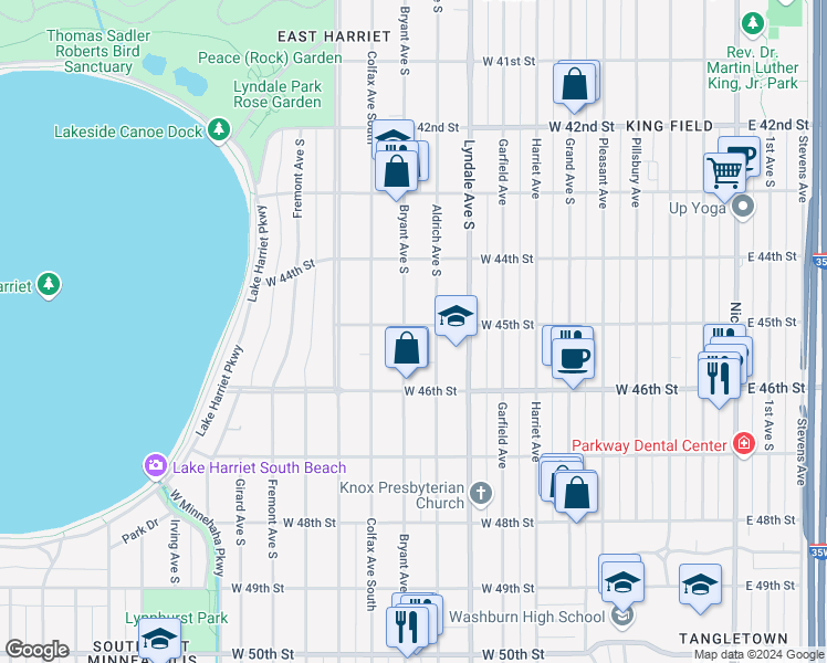 map of restaurants, bars, coffee shops, grocery stores, and more near 4528 Bryant Avenue South in Minneapolis