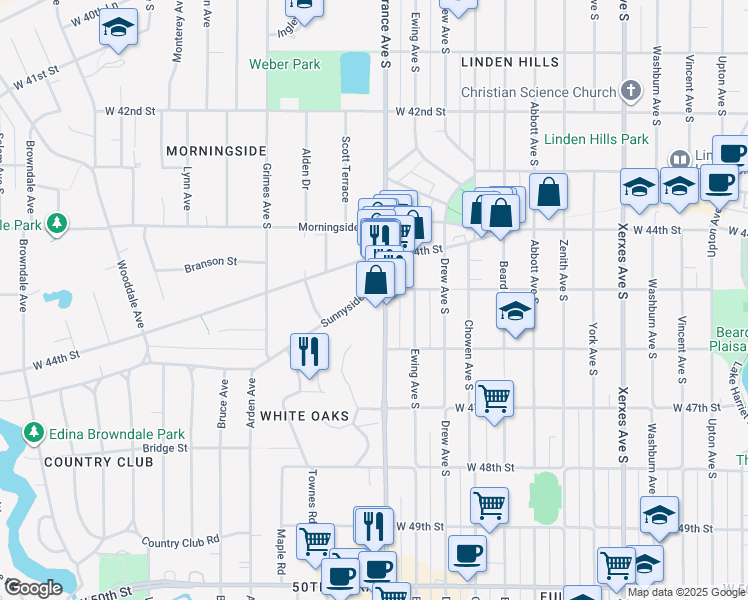 map of restaurants, bars, coffee shops, grocery stores, and more near 4532 France Avenue South in Edina
