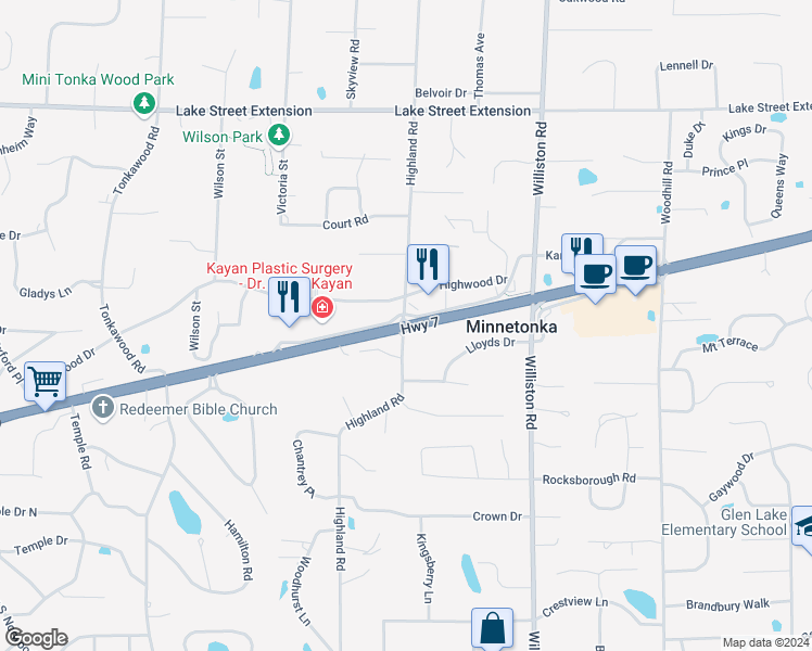 map of restaurants, bars, coffee shops, grocery stores, and more near 15198 Minnesota 7 in Minnetonka