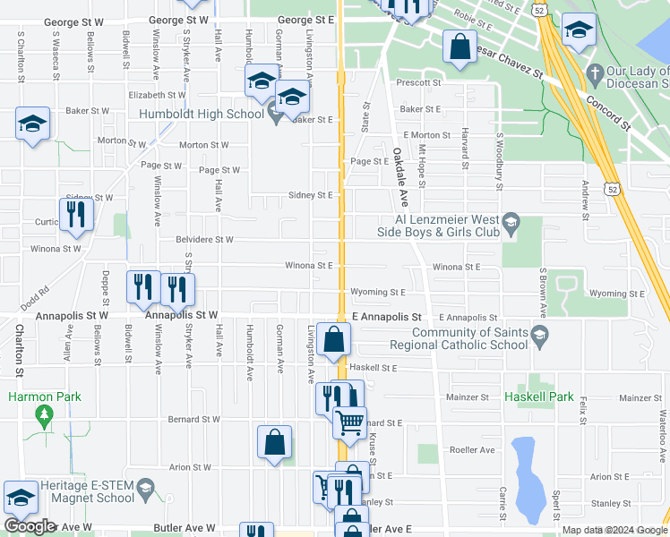 map of restaurants, bars, coffee shops, grocery stores, and more near 823 South Robert Street in Saint Paul