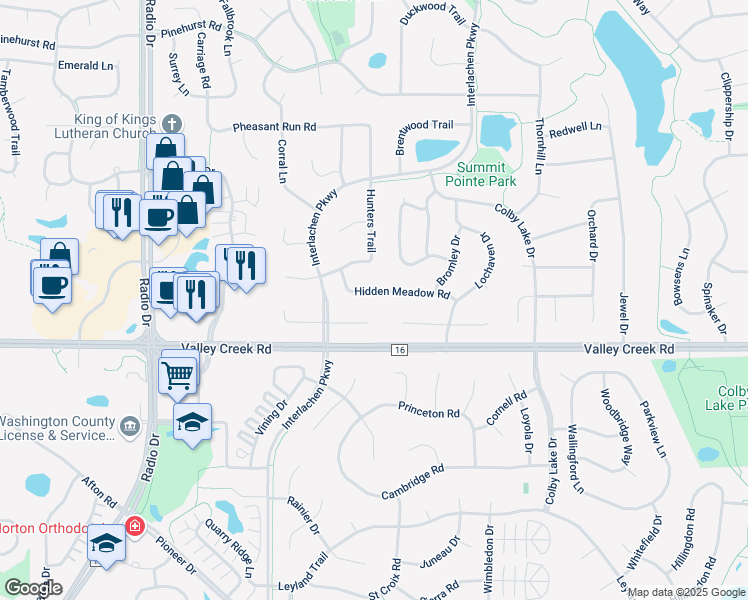 map of restaurants, bars, coffee shops, grocery stores, and more near 8905 Hunters Trail in Woodbury