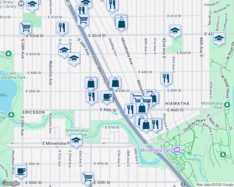 map of restaurants, bars, coffee shops, grocery stores, and more near 4527 Hiawatha Avenue in Minneapolis