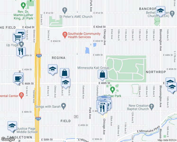 map of restaurants, bars, coffee shops, grocery stores, and more near 4504 Park Avenue in Minneapolis