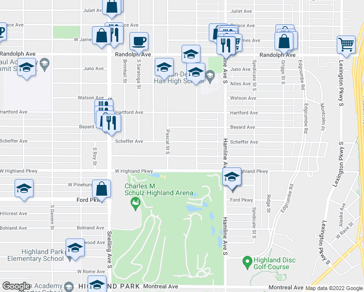 map of restaurants, bars, coffee shops, grocery stores, and more near 1424 Bayard Avenue in Saint Paul