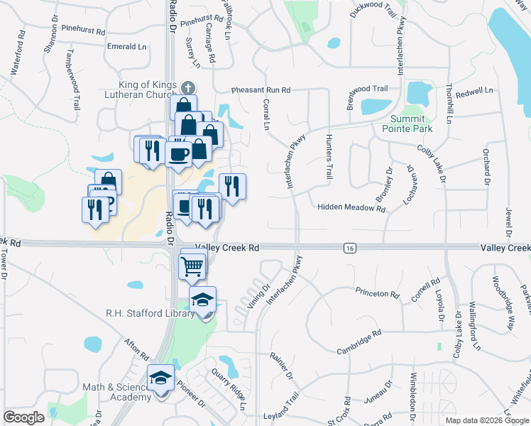 map of restaurants, bars, coffee shops, grocery stores, and more near 1818 Interlachen Alcove in Woodbury