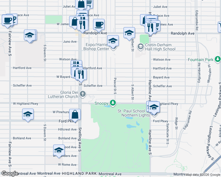 map of restaurants, bars, coffee shops, grocery stores, and more near 1454 Pascal Street South in Saint Paul