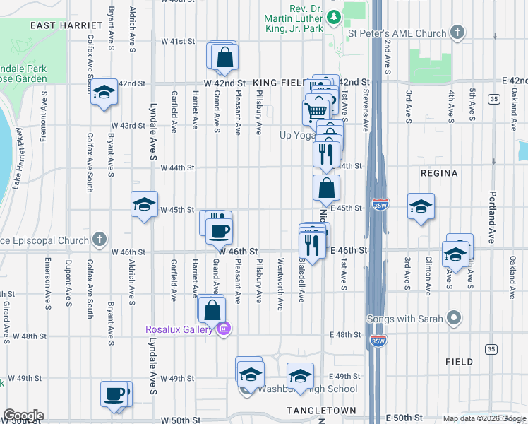 map of restaurants, bars, coffee shops, grocery stores, and more near 4438 Pillsbury Avenue in Minneapolis