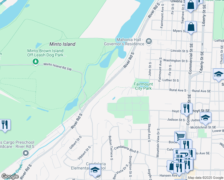 map of restaurants, bars, coffee shops, grocery stores, and more near fairmont Park Trail in Salem