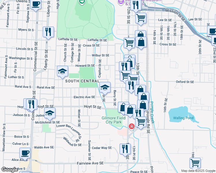 map of restaurants, bars, coffee shops, grocery stores, and more near 1915 Berry Street Southeast in Salem