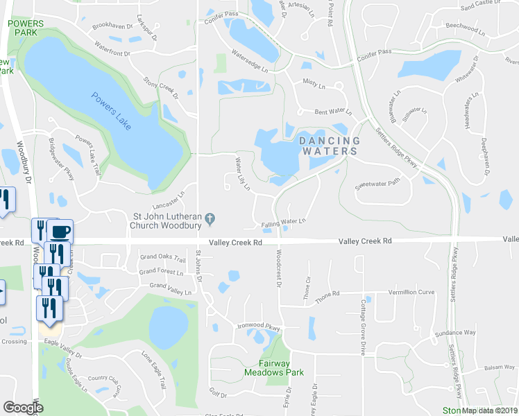 map of restaurants, bars, coffee shops, grocery stores, and more near 10696 Water Lily Lane in Woodbury