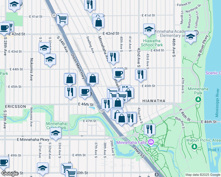 map of restaurants, bars, coffee shops, grocery stores, and more near 4443 Snelling Avenue in Minneapolis