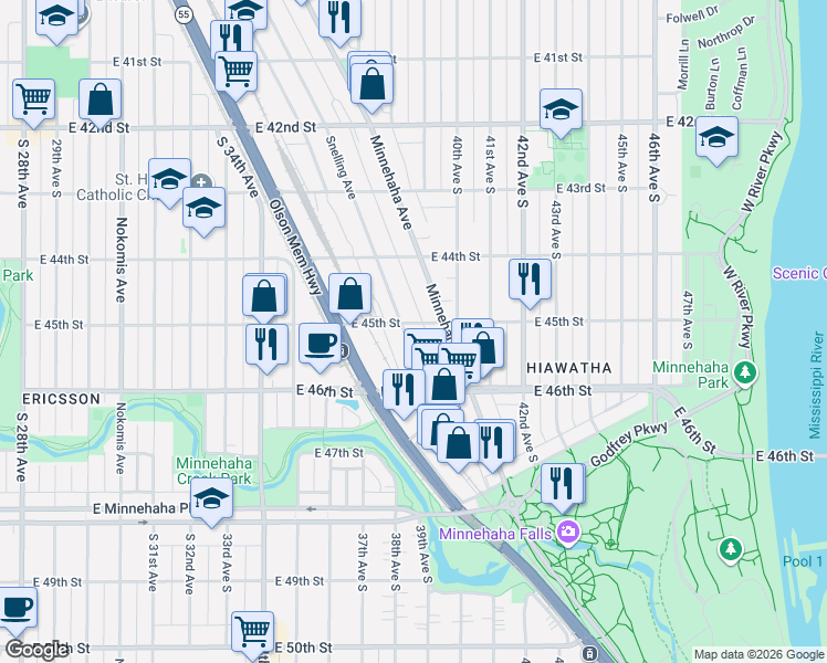 map of restaurants, bars, coffee shops, grocery stores, and more near 4443 Snelling Avenue in Minneapolis