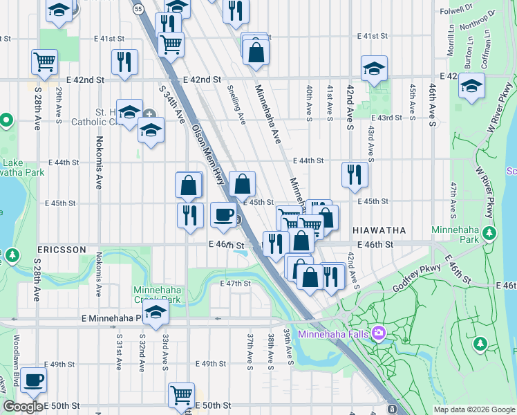 map of restaurants, bars, coffee shops, grocery stores, and more near 3601 East 44th Street in Minneapolis