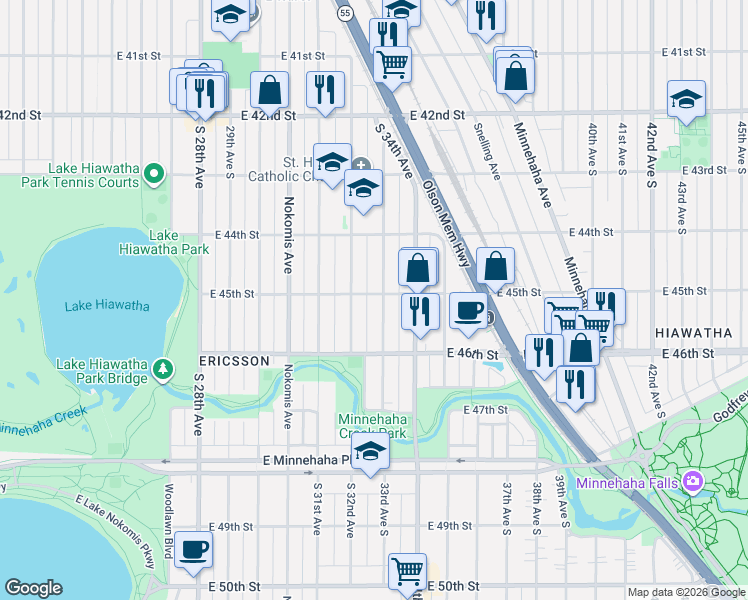 map of restaurants, bars, coffee shops, grocery stores, and more near 4444 33rd Avenue South in Minneapolis