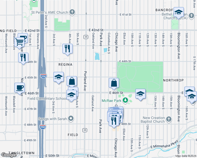 map of restaurants, bars, coffee shops, grocery stores, and more near 4436 Park Avenue in Minneapolis