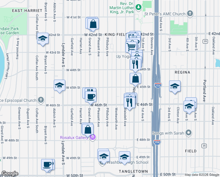 map of restaurants, bars, coffee shops, grocery stores, and more near 4438 Pillsbury Avenue in Minneapolis