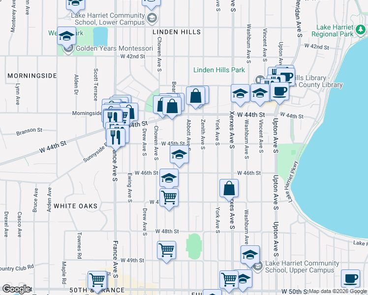 map of restaurants, bars, coffee shops, grocery stores, and more near 4441 Abbott Avenue South in Minneapolis