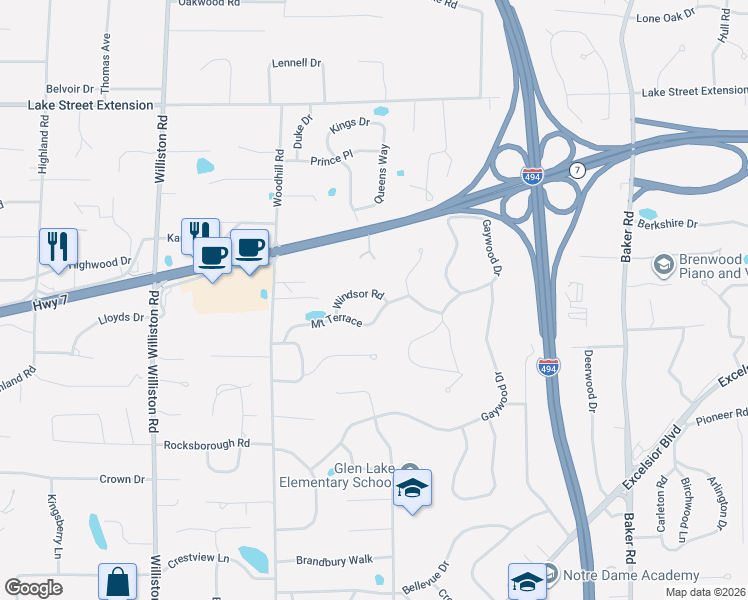 map of restaurants, bars, coffee shops, grocery stores, and more near 4422 Loretta Lane in Minnetonka