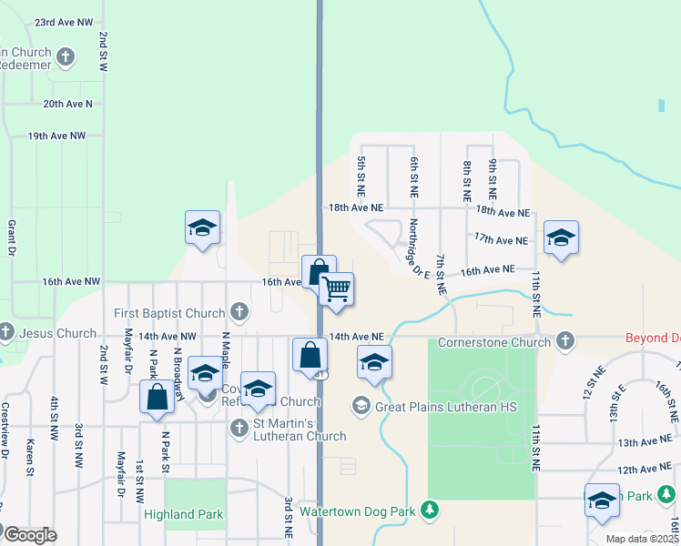 map of restaurants, bars, coffee shops, grocery stores, and more near 1620 4th Street Northeast in Watertown