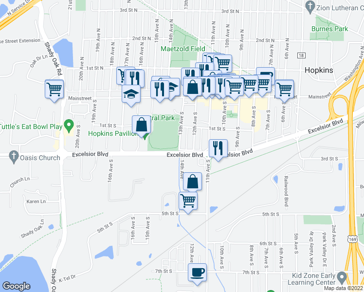 map of restaurants, bars, coffee shops, grocery stores, and more near 135 13th Avenue South in Hopkins